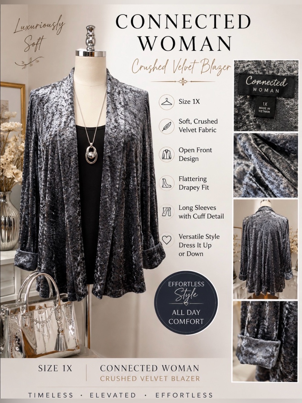 Crushed Velvet Open-Front Blazer Jacket - Charcoal Gray